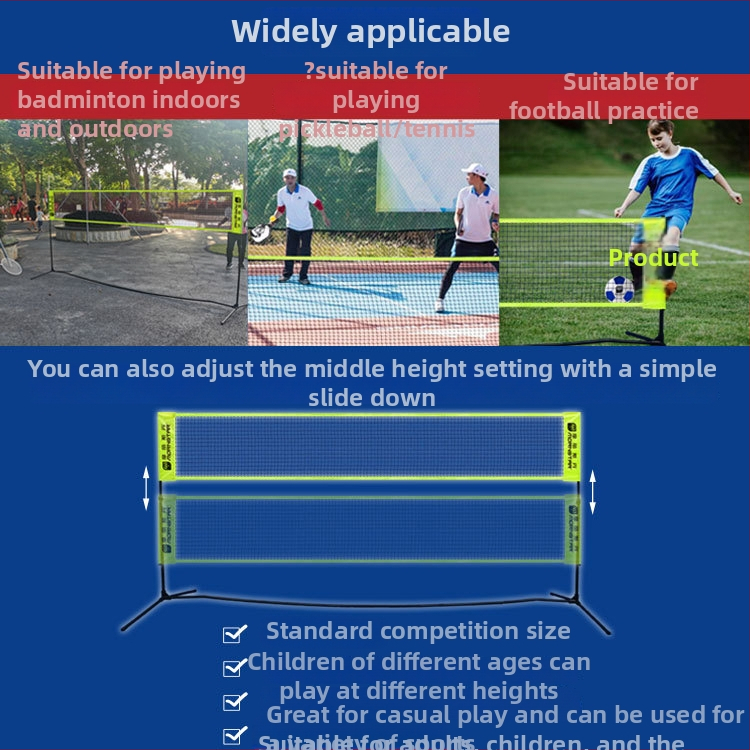 Badmintona tīklu rāmis – pārnēsājams, iekšējai un ārējai izmantošanai; materiāls 38491298423; pielāgota apstrāde; zīmols Mornstar/Morisdan; licencējama privātā zīmola etiķete