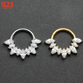 Носна халка от титанова сплав G23, сърцевидна форма, затворен пръстен, цирконови кристали, диамантена обработка, унисекс стил