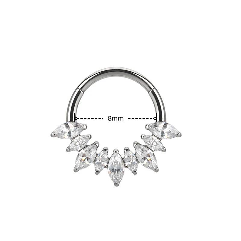 Носна халка от титанова сплав G23, сърцевидна форма, затворен пръстен, цирконови кристали, диамантена обработка, унисекс стил