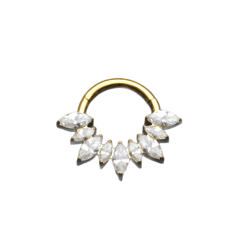 Носна халка от титанова сплав G23, сърцевидна форма, затворен пръстен, цирконови кристали, диамантена обработка, унисекс стил