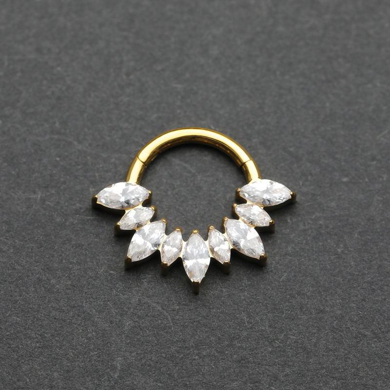 Носна халка от титанова сплав G23, сърцевидна форма, затворен пръстен, цирконови кристали, диамантена обработка, унисекс стил