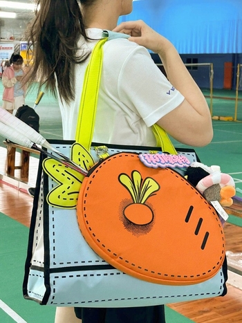 Чанта за ракети за бадминтон и тенис с Radish 3D Tote, закопчаване с велкро, хоризонтална квадратна форма, вътрешни джобове за телефон и лична карта, двойни презрамки