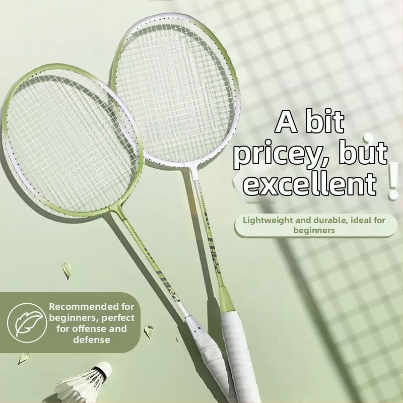 Bedmintonová raketa, rám z karbónových vlákien, dvojitý set rakiet, hmotnosť 95–100 g, priama strela, stredná tvrdosť
