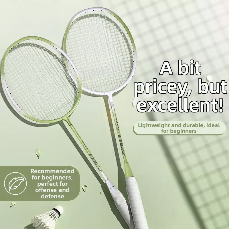 Bedmintonová raketa, rám z karbónových vlákien, dvojitý set rakiet, hmotnosť 95–100 g, priama strela, stredná tvrdosť