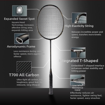 Bedmintonová raketa s rámom z karbónových vlákien, hmotnosť 85–89 g, úchyt G4, priamy úder, tuhosť tyče stredná