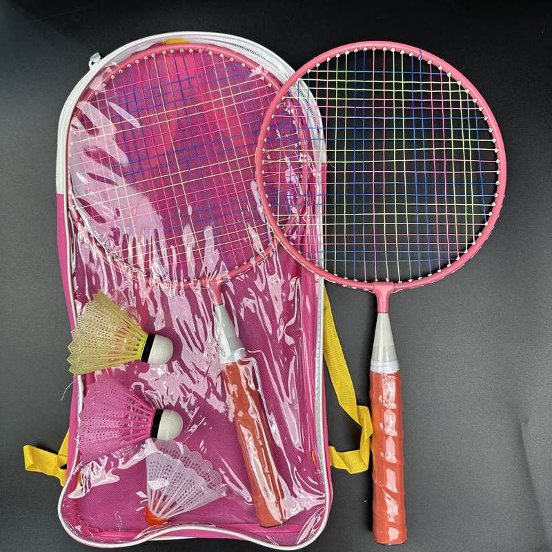 Детски комплект за бадминтон с две ракети и топка, карикатурен дизайн; тегло 95–100 g, рамка от метална сплав, струни найлон, дебелина на дръжката G2