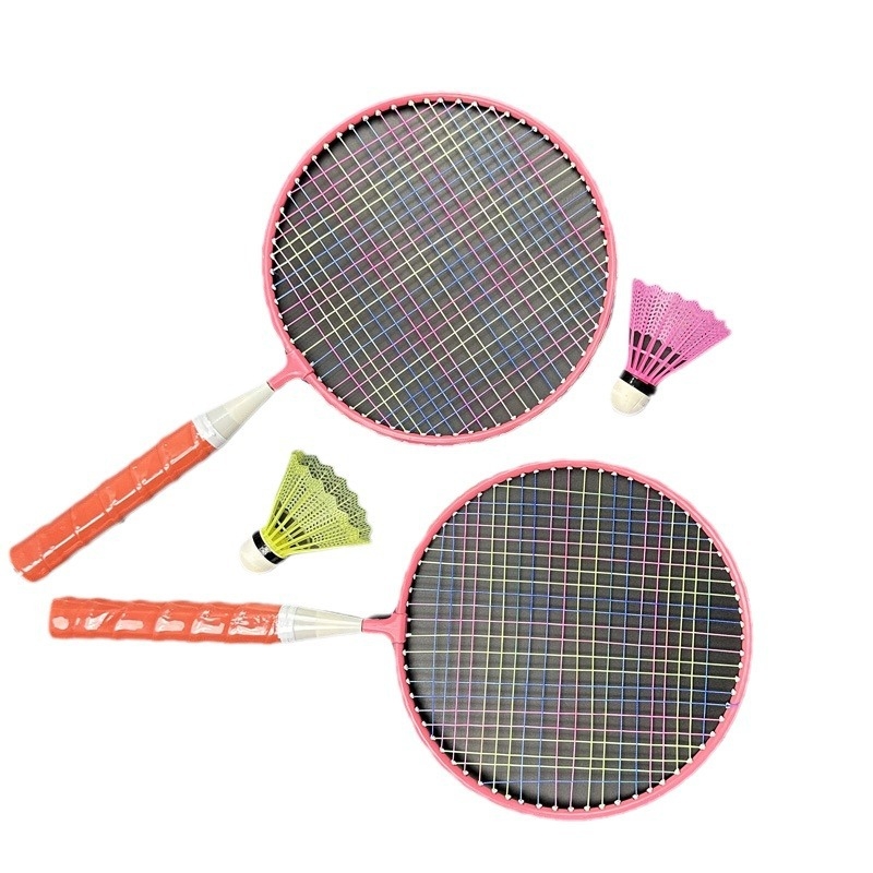 Детски комплект за бадминтон с две ракети и топка, карикатурен дизайн; тегло 95–100 g, рамка от метална сплав, струни найлон, дебелина на дръжката G2