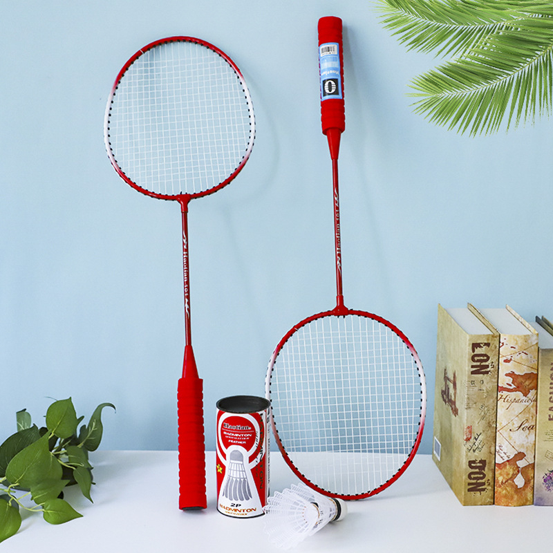 Haotian 101 аматьорска ракетка за бадминтон с рамка от ферро-сплав за юноши, двоен комплект ракетки (2 ракетки с топка) – 95–100 g, прав дръжка