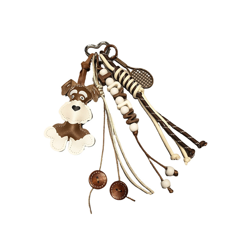 Ръчно изработена украса за чанта с мотив на кученце и тенис ракета, карабинер с въже от изкуствена кожа