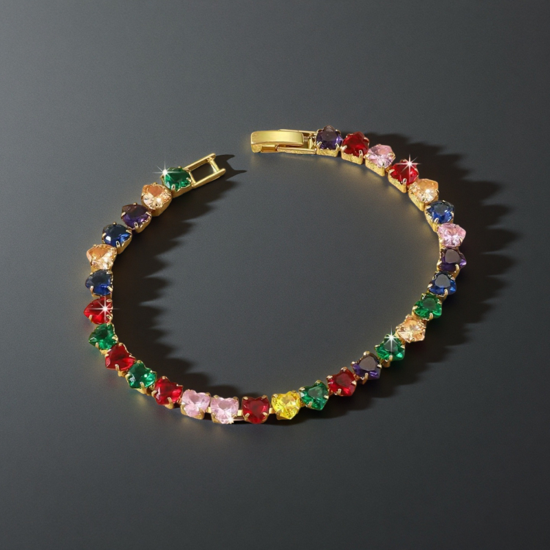 Brățară tenis în formă de inimă, zirconiu colorat, cupru placat cu aur, bijuterii feminine în stil Ins, origine Yiwu