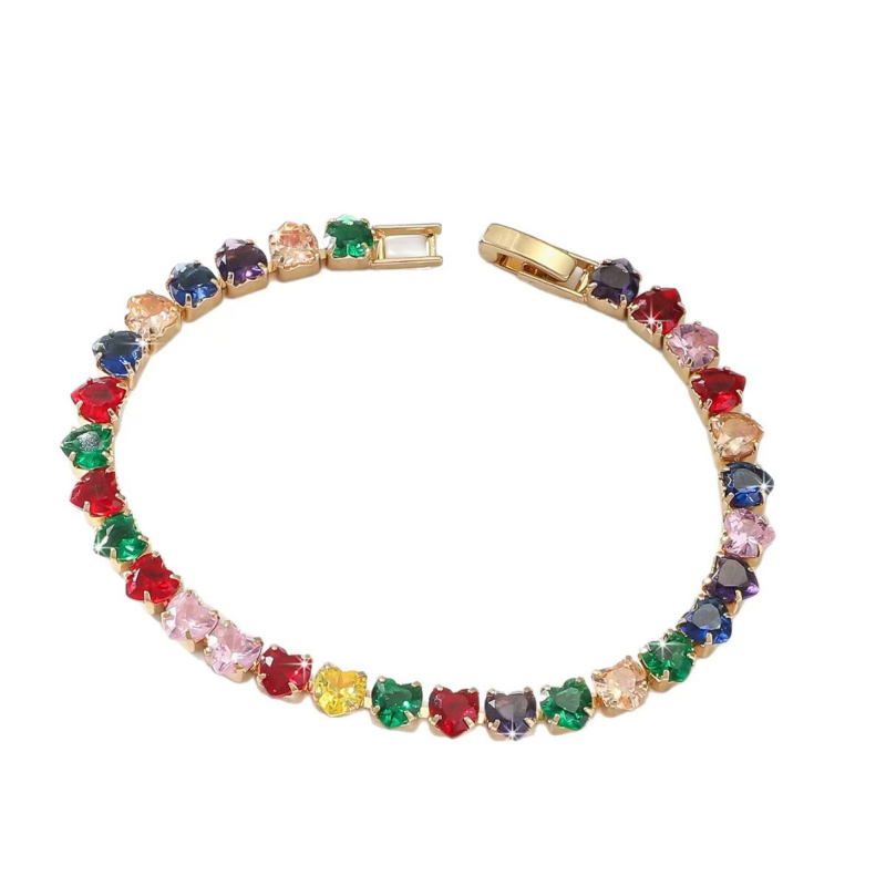 Brățară tenis în formă de inimă, zirconiu colorat, cupru placat cu aur, bijuterii feminine în stil Ins, origine Yiwu