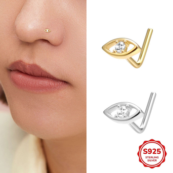 Nose stud от 925 стерлингово сребро с циркон, L-образна геометрична форма, унисекс, електроплатирано покритие