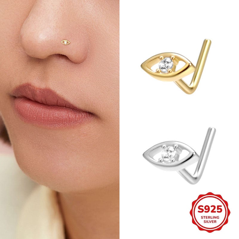 Nose stud от 925 стерлингово сребро с циркон, L-образна геометрична форма, унисекс, електроплатирано покритие
