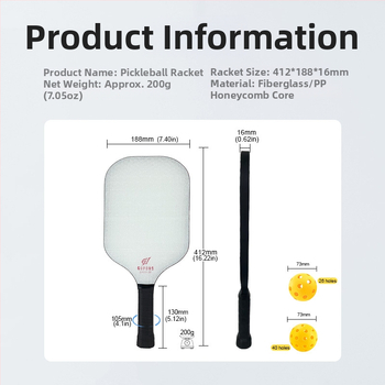 Fiberglass pickleball raketa – bezrámová konštrukcia, integrovaná konštrukcia, PP honeycomb core, ľahké telo, 200 g
