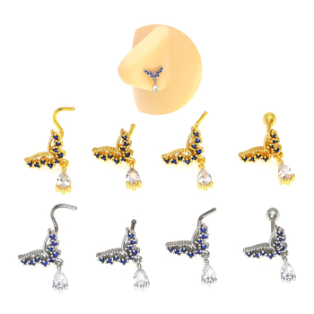 Носно пирсингче с дизайн на панделка, неръждаема стомана, електроплатирано покритие, циркон и позлатени камъни (дизайн панделка; неръждаема стомана; електроплатиране; циркон)