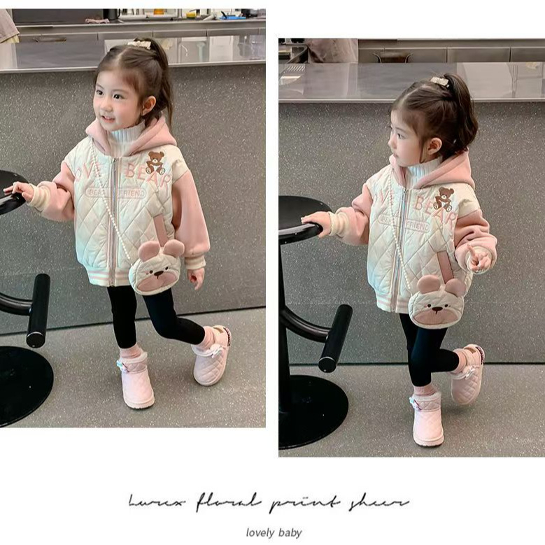 Палто за момичета през есенно-зимния сезон, с дебело поларено подплатяване, карикатурен принт, цип, за деца 3–8 години