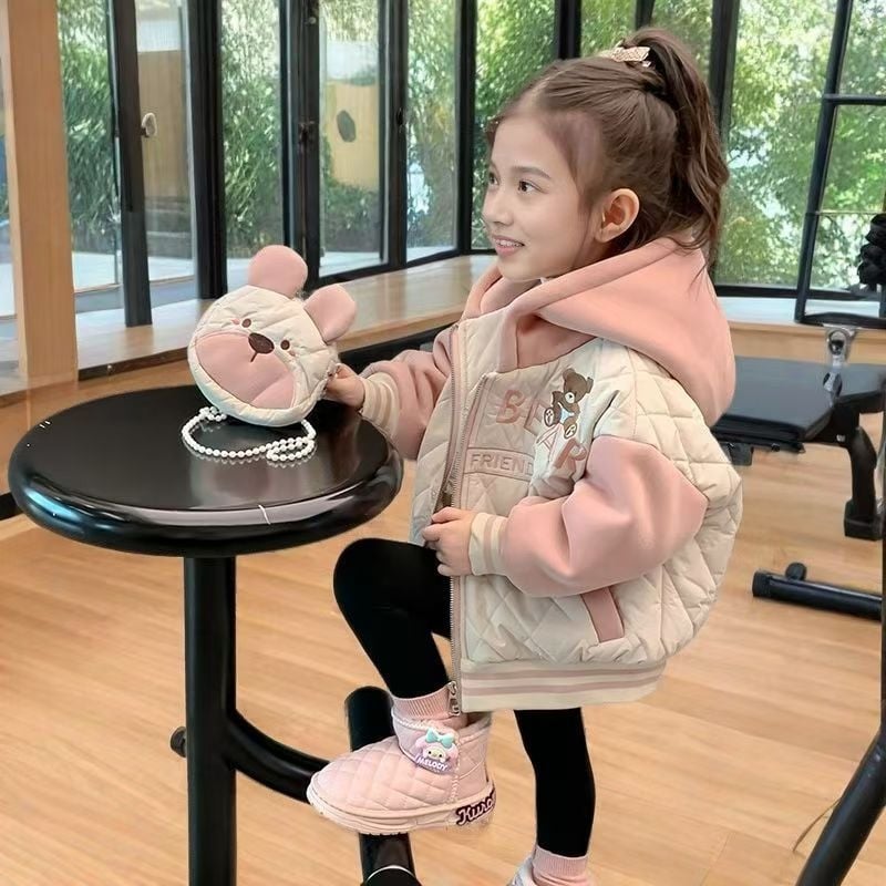 Палто за момичета през есенно-зимния сезон, с дебело поларено подплатяване, карикатурен принт, цип, за деца 3–8 години