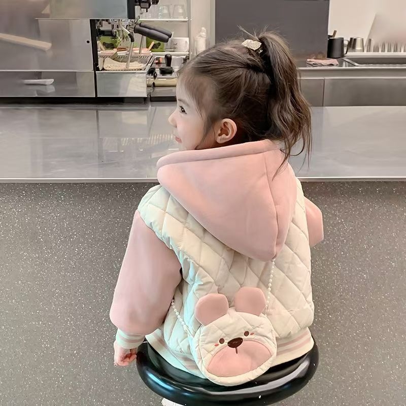 Палто за момичета през есенно-зимния сезон, с дебело поларено подплатяване, карикатурен принт, цип, за деца 3–8 години