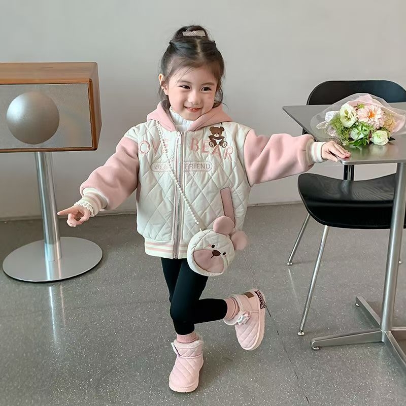 Палто за момичета през есенно-зимния сезон, с дебело поларено подплатяване, карикатурен принт, цип, за деца 3–8 години