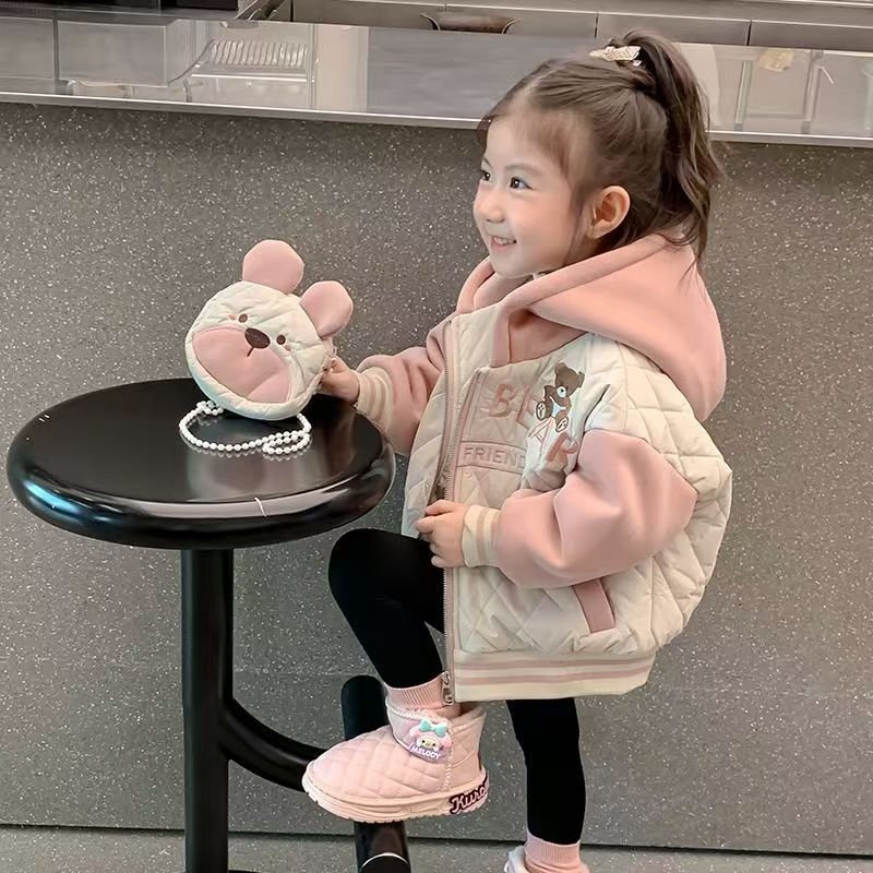 Палто за момичета през есенно-зимния сезон, с дебело поларено подплатяване, карикатурен принт, цип, за деца 3–8 години