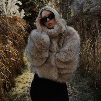 Дамско палто FEASY с ефект на изкуствен косъм, вълнен плат, 3D модел, кръгъл яка, дълги ръкави, средна дебелина, полиестер 95%+