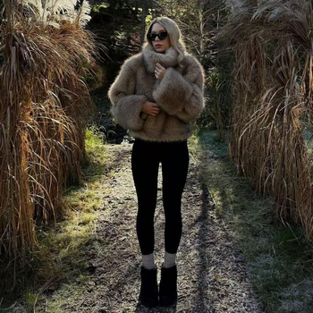 Дамско палто FEASY с ефект на изкуствен косъм, вълнен плат, 3D модел, кръгъл яка, дълги ръкави, средна дебелина, полиестер 95%+