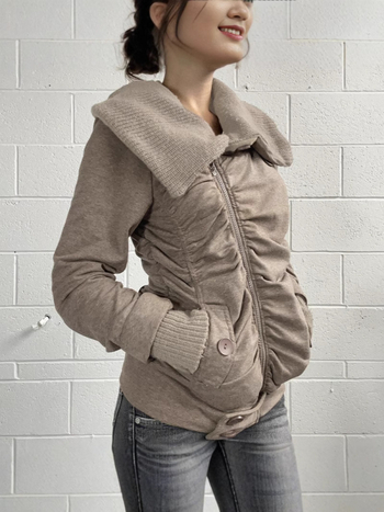 Дамско зимно яке с плетена яка и цип, плисиран детайл, слим фит, дълги ръкави, полиестер/спандекс