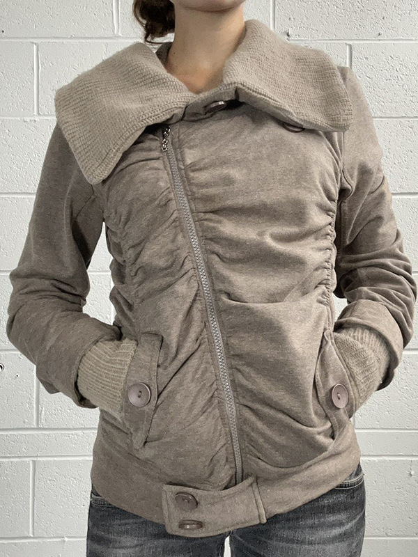 Дамско зимно яке с плетена яка и цип, плисиран детайл, слим фит, дълги ръкави, полиестер/спандекс