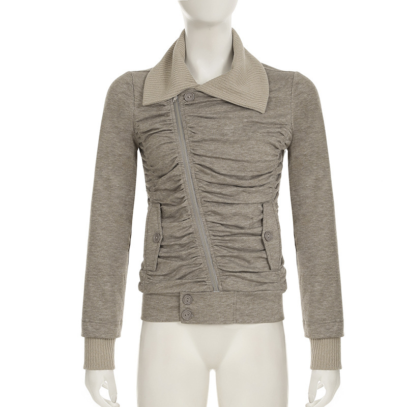 Дамско зимно яке с плетена яка и цип, плисиран детайл, слим фит, дълги ръкави, полиестер/спандекс