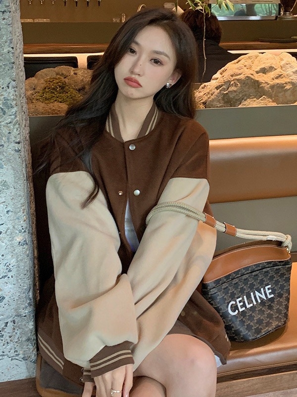 Jachetă bomber de damă în stil american, retro, țesătură groasă, guler rotund, mâneci lungi, model 3D cu cusături collage, croială lejeră