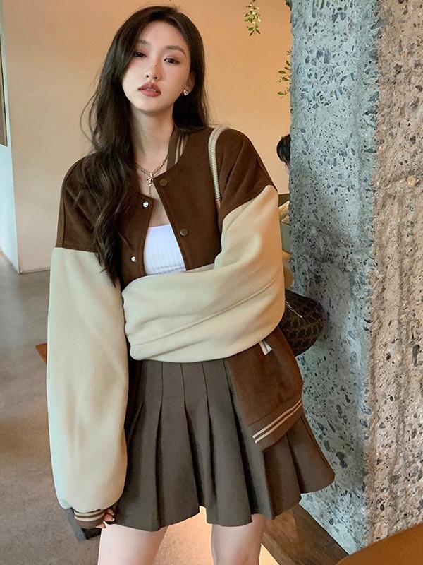 Jachetă bomber de damă în stil american, retro, țesătură groasă, guler rotund, mâneci lungi, model 3D cu cusături collage, croială lejeră