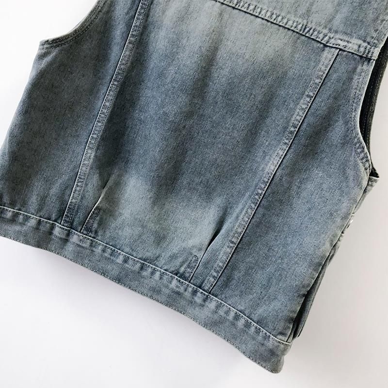 Vestă din denim cu buzunare, amestec denim/pamuc 50–70%, guler baseball, primăvara 2025, siluetă neregulată