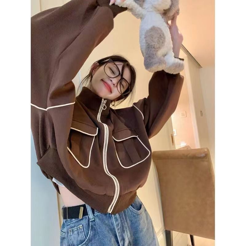 Jachetă baseball pentru femei fără mâneci, stil coreean, chic delicat, design retro american (material: rayon; țesătură: imitation lamb wool; guler înalt; lungime 50-65 cm)