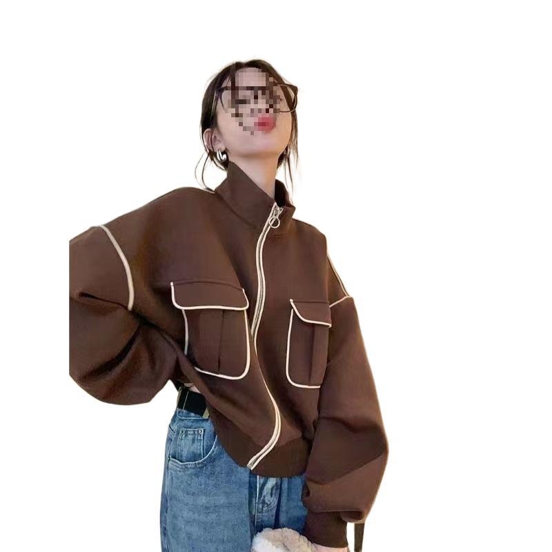 Jachetă baseball pentru femei fără mâneci, stil coreean, chic delicat, design retro american (material: rayon; țesătură: imitation lamb wool; guler înalt; lungime 50-65 cm)
