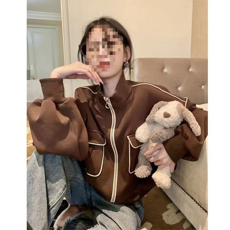 Jachetă baseball pentru femei fără mâneci, stil coreean, chic delicat, design retro american (material: rayon; țesătură: imitation lamb wool; guler înalt; lungime 50-65 cm)