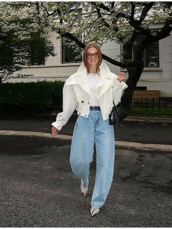 Sacou scurt pentru femei cu rever, poliester și elastan, nasturi dubli, mâneci trei sferturi