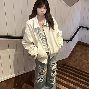 Jachetă reversibilă de baseball pentru femei, stil american retro, carouri, croială lejeră, chenille țesătură, guler înalt, primăvara 2025