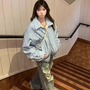 Jachetă reversibilă de baseball pentru femei, stil american retro, carouri, croială lejeră, chenille țesătură, guler înalt, primăvara 2025