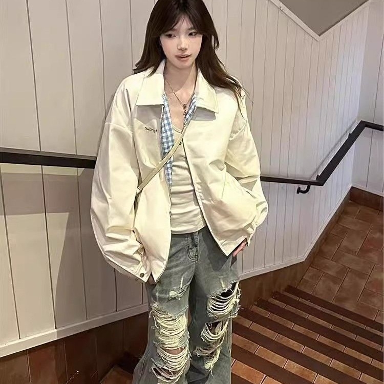 Jachetă reversibilă de baseball pentru femei, stil american retro, carouri, croială lejeră, chenille țesătură, guler înalt, primăvara 2025