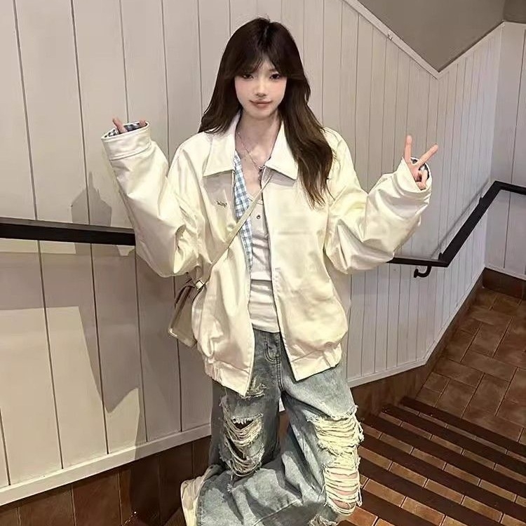 Jachetă reversibilă de baseball pentru femei, stil american retro, carouri, croială lejeră, chenille țesătură, guler înalt, primăvara 2025