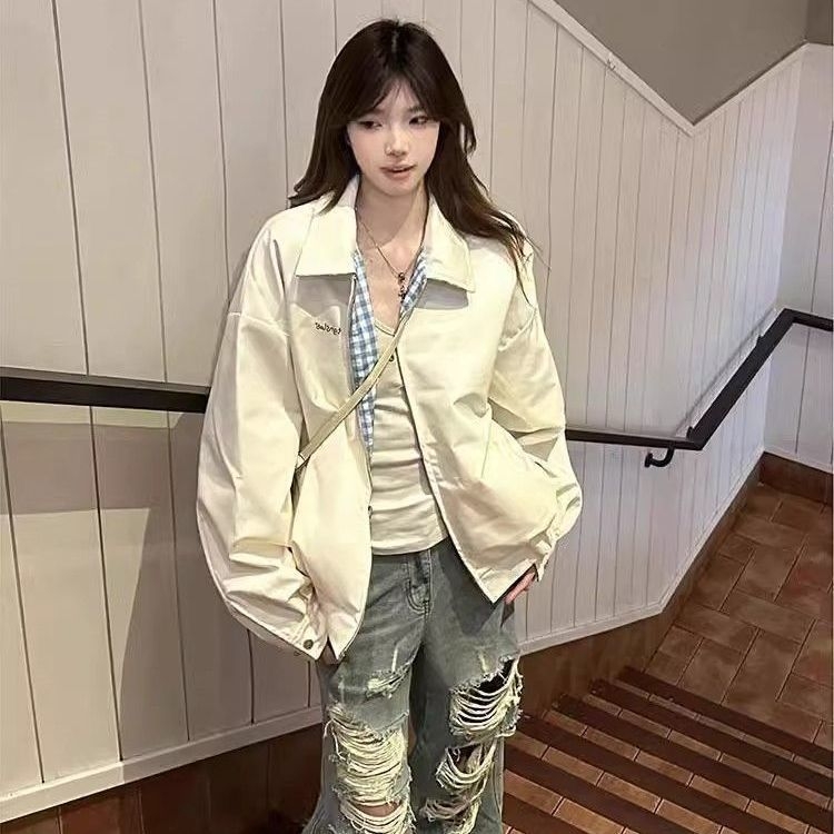 Jachetă reversibilă de baseball pentru femei, stil american retro, carouri, croială lejeră, chenille țesătură, guler înalt, primăvara 2025