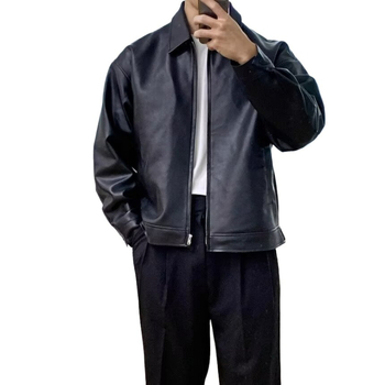Jachetă de piele pentru bărbați, PU piele, lungime medie, croială lejeră, închidere cu fermoar
