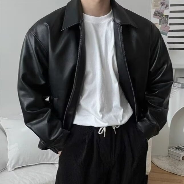 Jachetă de piele pentru bărbați, PU piele, lungime medie, croială lejeră, închidere cu fermoar