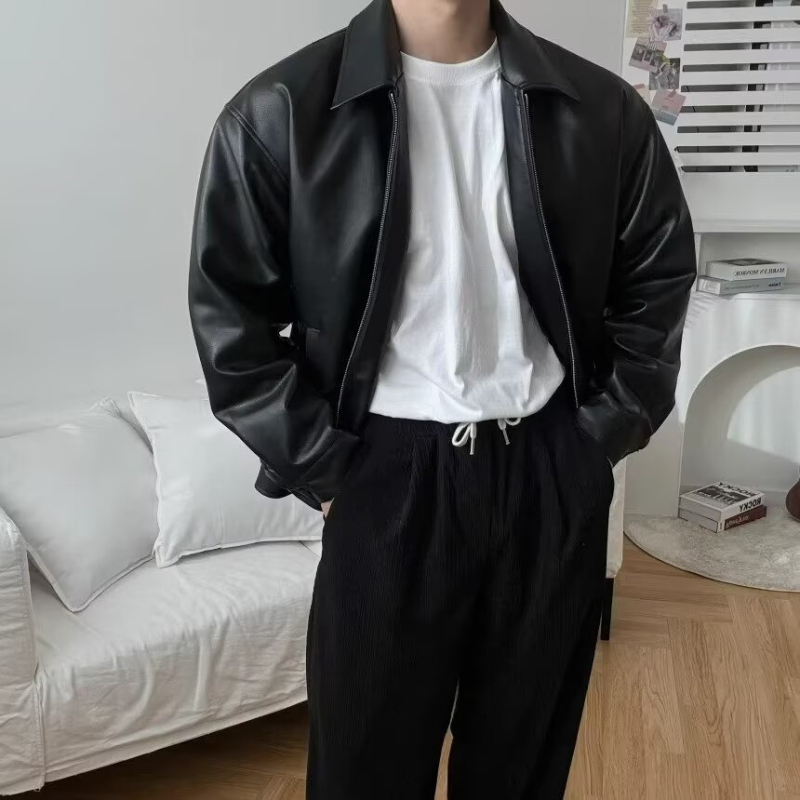 Jachetă de piele pentru bărbați, PU piele, lungime medie, croială lejeră, închidere cu fermoar