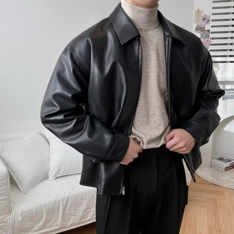 Jachetă de piele pentru bărbați, PU piele, lungime medie, croială lejeră, închidere cu fermoar