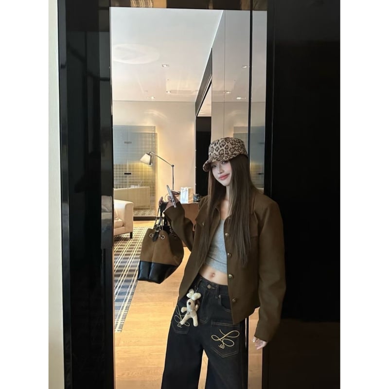 Jachetă damă cu guler baseball, mâneci lungi, amestec poliester-elastan (90–95% poliester), stil vintage pentru lucru