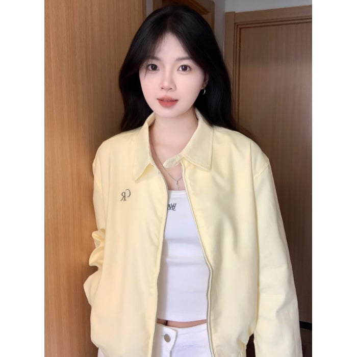 Jachetă baseball cu guler polo, mâneci lungi, croială lejeră, lungime normală, poliester