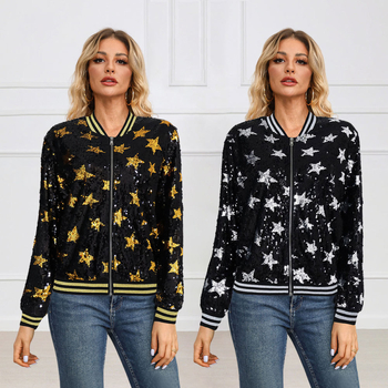 Дамско палто със пайети и декоративна звезда, цип, тънък силует, полиестер