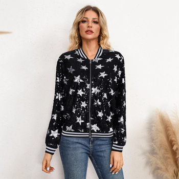 Дамско палто със пайети и декоративна звезда, цип, тънък силует, полиестер