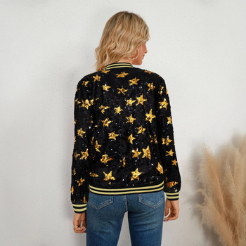 Дамско палто със пайети и декоративна звезда, цип, тънък силует, полиестер